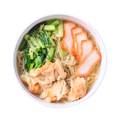Asian noodles soup with wonton dumpling and grilled red pork in bowl on transparent png