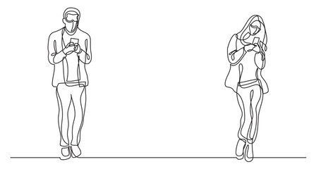 continuous line drawing vector illustration with FULLY EDITABLE STROKE - man and woman standing reading smart phones wearing face mask