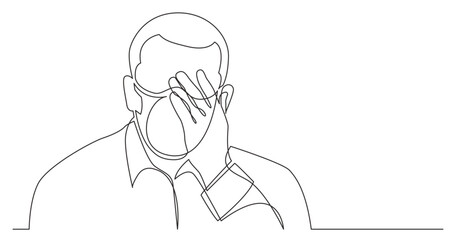 continuous line drawing vector illustration with FULLY EDITABLE STROKE - man in deep depression wearing face mask