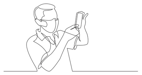 continuous line drawing vector illustration with FULLY EDITABLE STROKE - man making photo with smartphone wearing face mask