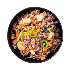 Asian fried purple rice with tofu, carrot, pumpkin and chili pepper healthy vegan food on transparent png