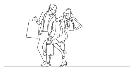 continuous line drawing vector illustration with FULLY EDITABLE STROKE - man woman shopping with bags wearing face mask