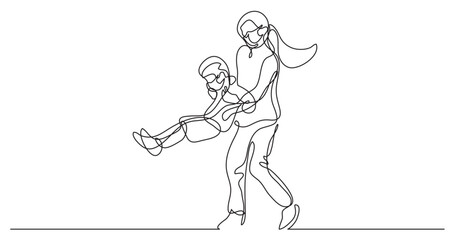 continuous line drawing vector illustration with FULLY EDITABLE STROKE - mother playing with son wearing face mask