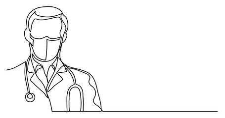 continuous line drawing vector illustration with FULLY EDITABLE STROKE - of doctor in protective mask with stethoscope