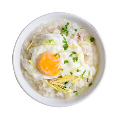 Asian boiled rice or rice soup with minced pork and egg Thai food on transparent png 