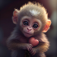 Portrait of a cute lonely baby monkey macaque holding a red heart, Generative AI