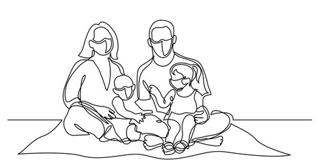 continuous line drawing vector illustration with FULLY EDITABLE STROKE - of family of four sitting on picnic blanket in park wearing face mask