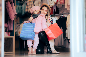Trendy Fashionable Mother and Daughter Holding Shopping Bags in a Store. Mom and little girl...