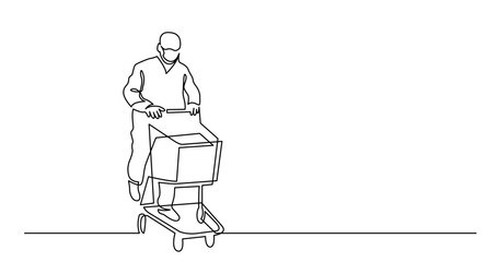 continuous line drawing vector illustration with FULLY EDITABLE STROKE - of man in mask pushing empty shopping cart