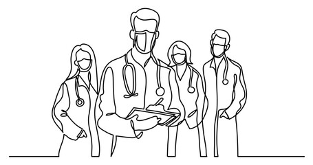 continuous line drawing vector illustration with FULLY EDITABLE STROKE - of standing healthcare professionals team in protective masks