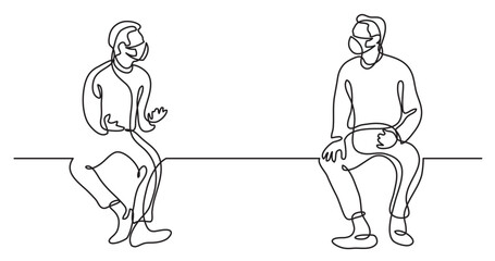 continuous line drawing vector illustration with FULLY EDITABLE STROKE - of two men in protective masks talking practicing social distance