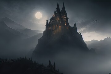 illustration numérique de fantaisie, château fort sombre sur une montagne dans un paysage montagneux de nuit avec brume - obrazy, fototapety, plakaty