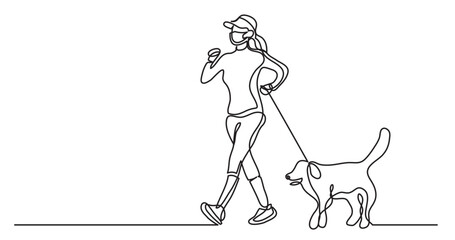 continuous line drawing vector illustration with FULLY EDITABLE STROKE - of woman in protective mask walking with her dog