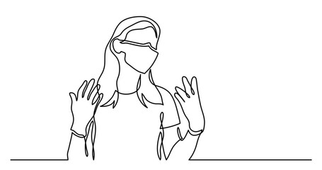 continuous line drawing vector illustration with FULLY EDITABLE STROKE - of woman in protective mask wering gloves