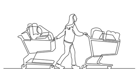 continuous line drawing vector illustration with FULLY EDITABLE STROKE - of woman pushing two shopping carts full of products