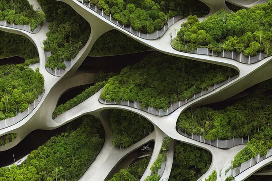 Splendid environmental awareness city with vertical forest concept of metropolis covered with green plants. Civil architecture and natural biological life combination. . Generative AI