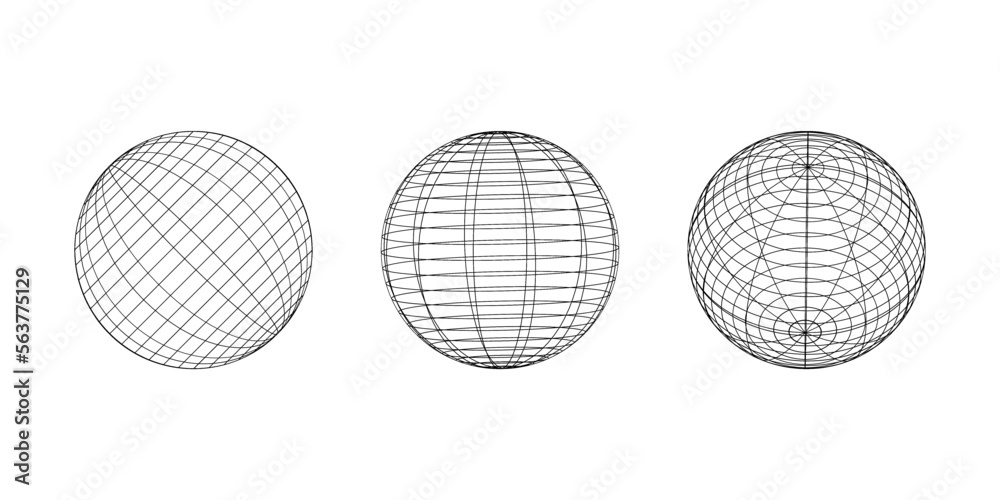 Fototapete Wireframe spheres in different angles. Globe grid frame elements set. Geometric round net. Outline graphic design collection.