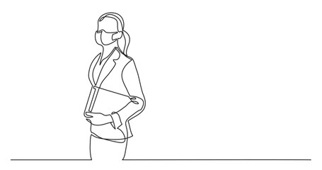 continuous line drawing vector illustration with FULLY EDITABLE STROKE - standing business woman with papers wearing face mask