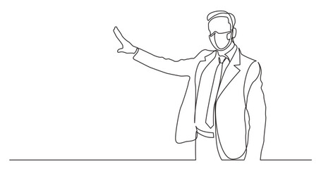 continuous line drawing vector illustration with FULLY EDITABLE STROKE - standing businessman presenter showing at screen wearing face mask