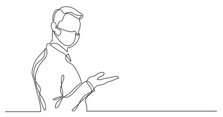 continuous line drawing vector illustration with FULLY EDITABLE STROKE - standing businessman showing something wearing face mask