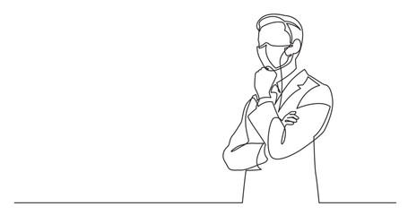 continuous line drawing vector illustration with FULLY EDITABLE STROKE - standing businessman thinking hard wearing face mask