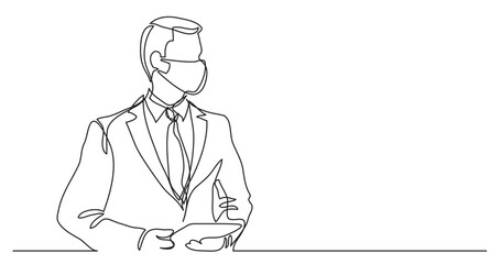continuous line drawing vector illustration with FULLY EDITABLE STROKE - standing businessman with tablet wearing face mask
