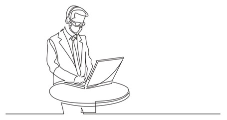 continuous line drawing vector illustration with FULLY EDITABLE STROKE - standing call center worker with laptop computer wearing face mask