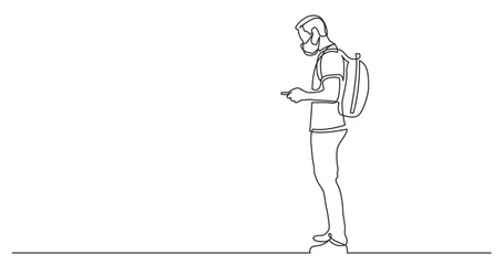 continuous line drawing vector illustration with FULLY EDITABLE STROKE - standing man backpack checking phone wearing face mask