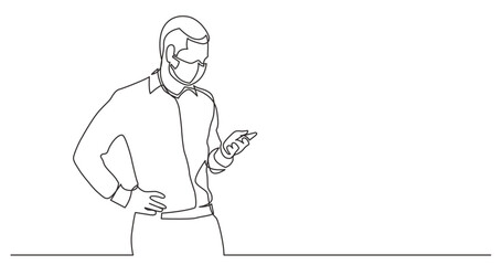 continuous line drawing vector illustration with FULLY EDITABLE STROKE - standing man checking his cell phone wearing face mask