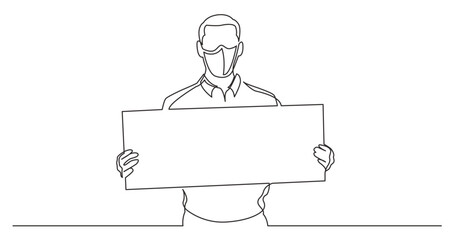 continuous line drawing vector illustration with FULLY EDITABLE STROKE - standing man holding banner wearing face mask