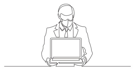 continuous line drawing vector illustration with FULLY EDITABLE STROKE - standing man in suit showing laptop computer wearing face mask