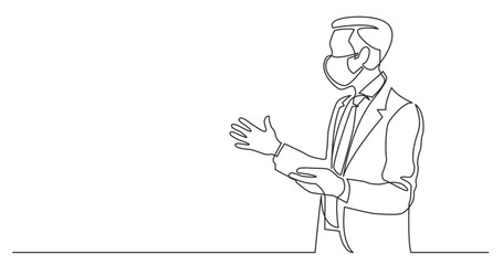 continuous line drawing vector illustration with FULLY EDITABLE STROKE - standing man suit presenter showing at screen wearing face mask