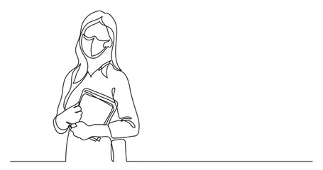 continuous line drawing vector illustration with FULLY EDITABLE STROKE - standing teacher with books wearing face mask