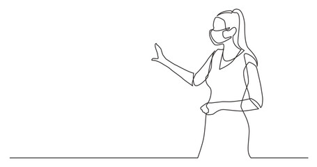 continuous line drawing vector illustration with FULLY EDITABLE STROKE - standing woman presenter showing at screen wearing face mask