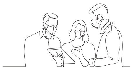 continuous line drawing vector illustration with FULLY EDITABLE STROKE - team discussing work task wearing face mask