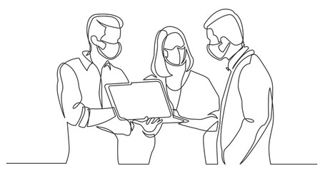 continuous line drawing vector illustration with FULLY EDITABLE STROKE - team discussing work watching laptop computer wearing face mask