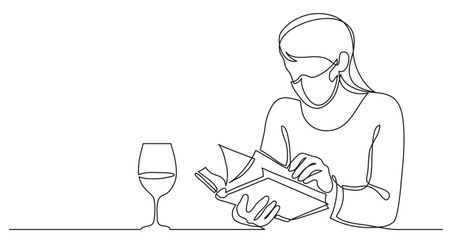 continuous line drawing vector illustration with FULLY EDITABLE STROKE - woman drinking wine  reading book wearing face mask