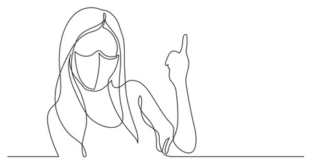 continuous line drawing vector illustration with FULLY EDITABLE STROKE - woman pointing wearing face mask