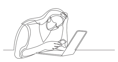 continuous line drawing vector illustration with FULLY EDITABLE STROKE - woman with mobile phone laptop in desprair wearing face mask