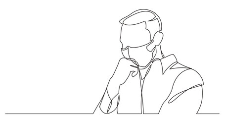 continuous line drawing vector illustration with FULLY EDITABLE STROKE - worried man wearing face mask