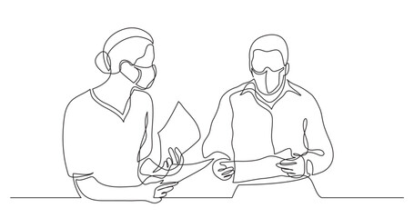 continuous line drawing vector illustration with FULLY EDITABLE STROKE of adult man and woman having conversation togetherwearing face mask