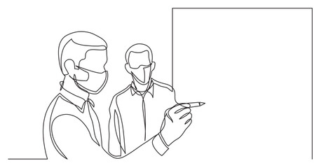 continuous line drawing vector illustration with FULLY EDITABLE STROKE of business colleagues drawing on whiteboard during brainstorm session wearing face mask