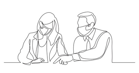 continuous line drawing vector illustration with FULLY EDITABLE STROKE of business colleagues helping during working process wearing face mask