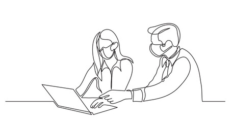 continuous line drawing vector illustration with FULLY EDITABLE STROKE of manager helping employee pointing at laptop computer wearing face mask