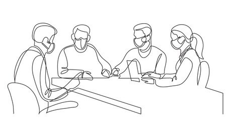 continuous line drawing vector illustration with FULLY EDITABLE STROKE of modern business team brainstorming during meeting wearing face mask
