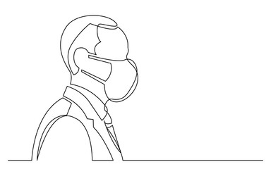 continuous line drawing vector illustration with FULLY EDITABLE STROKE of profile portrait of african american businessman smiling wearing face mask