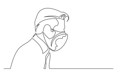 continuous line drawing vector illustration with FULLY EDITABLE STROKE of profile portrait of angry man screaming wearing face mask