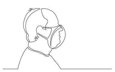 continuous line drawing vector illustration with FULLY EDITABLE STROKE of profile portrait of bald senior man wearing face mask