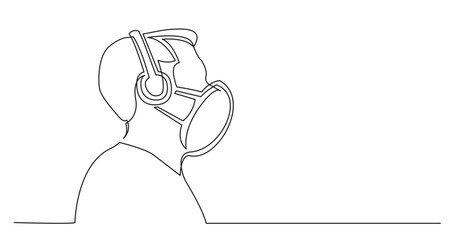 continuous line drawing vector illustration with FULLY EDITABLE STROKE of profile portrait of bearded man in headphones wearing face mask