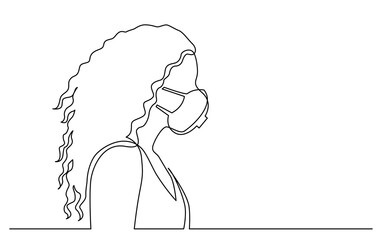 continuous line drawing vector illustration with FULLY EDITABLE STROKE of profile portrait of curly hair woman wearing face mask